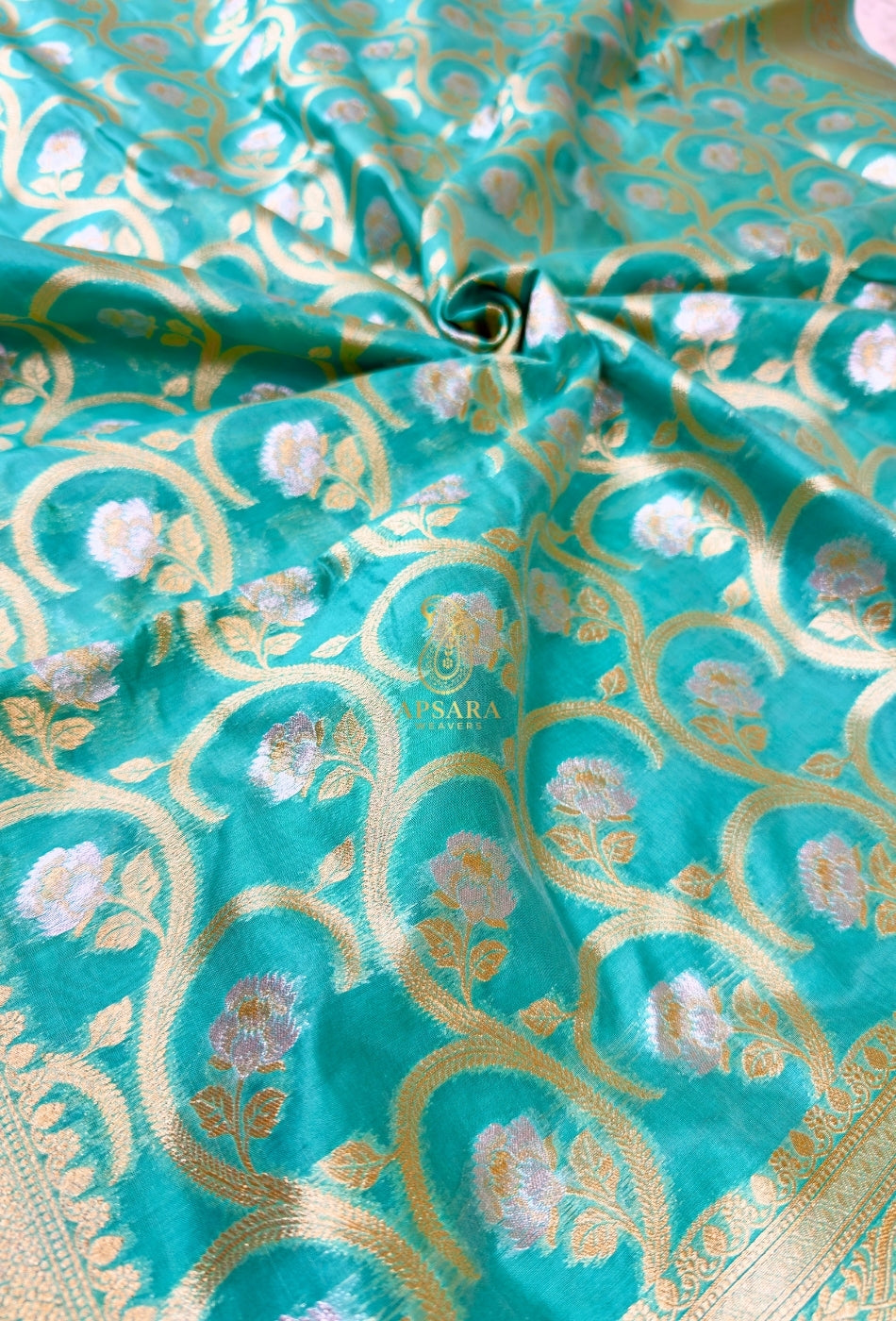 Banarasi Khaddi Pure Handloom Kora Cotton Silk Hand Weaving Traditional Silver and Golden Zari Saree