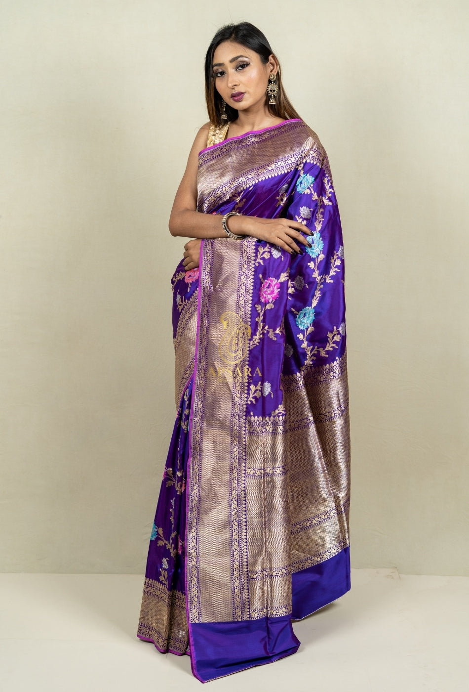 Pure Handloom Banarasi Katan Silk Jangla with Mina Work Saree