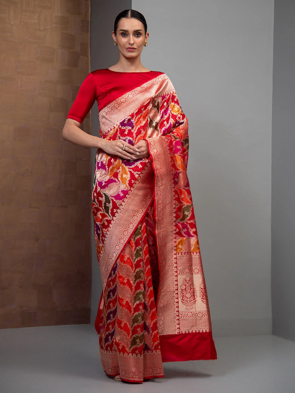 Red Orange Rangkat Katan Silk Handloom Banarasi Saree
