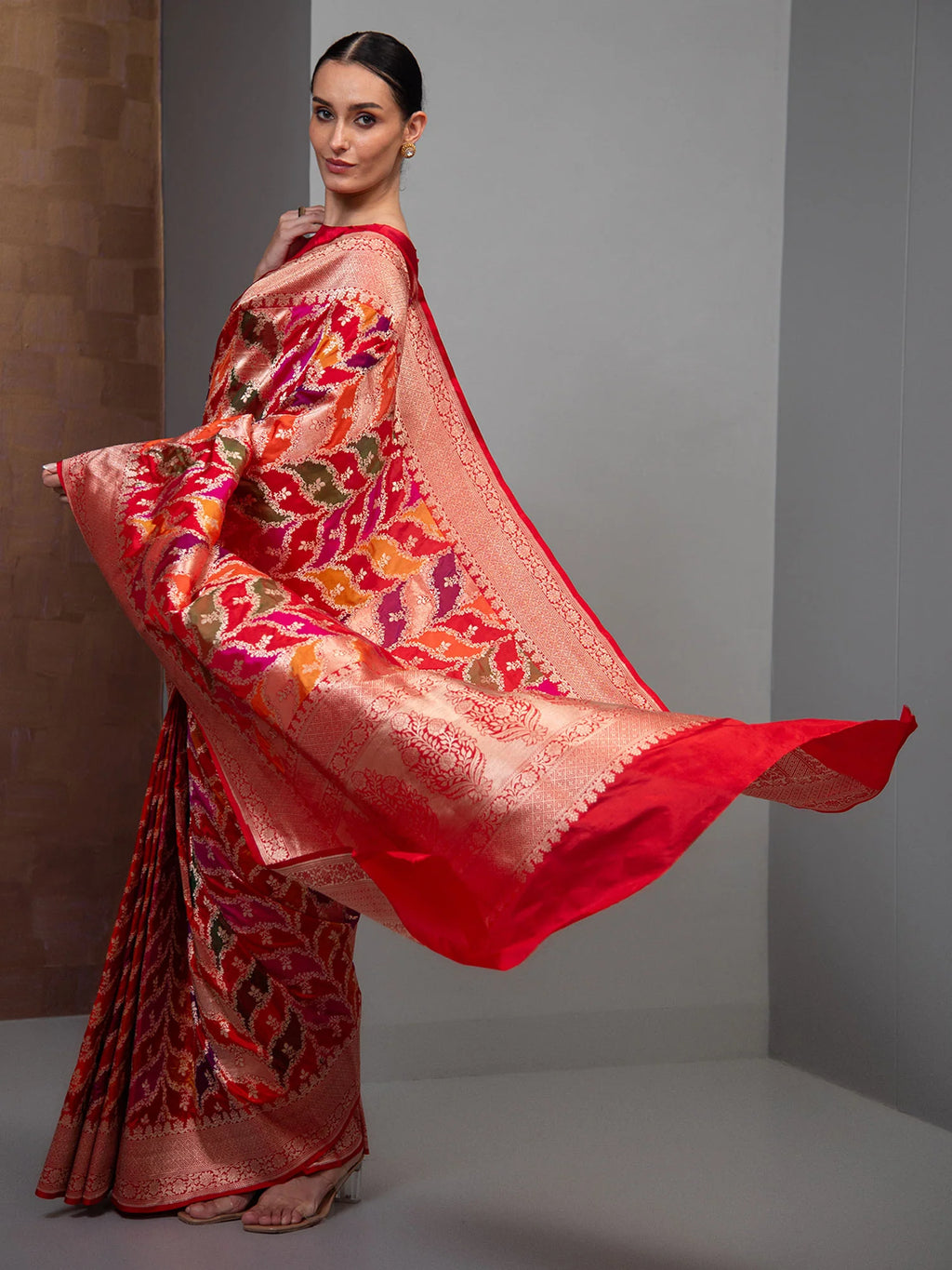 Red Orange Rangkat Katan Silk Handloom Banarasi Saree