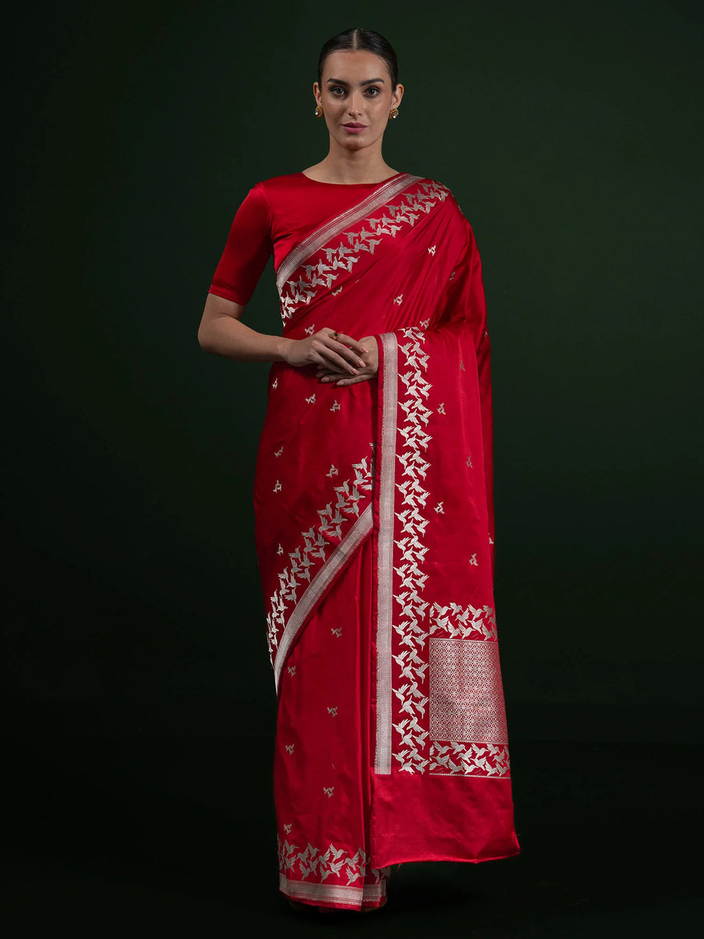 Red Shikargah Boota Satin Silk Handloom Banarasi Saree