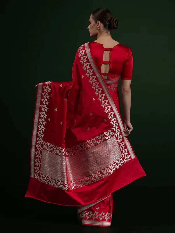 Red Shikargah Boota Satin Silk Handloom Banarasi Saree