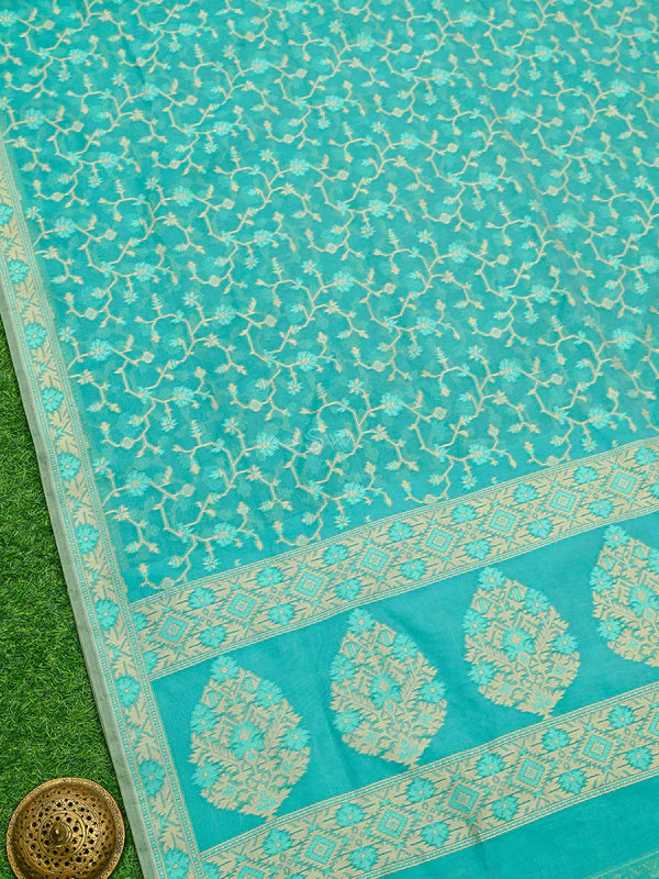 Aqua Green Meenakari Jaal Cotton Silk Handloom Banarasi Saree