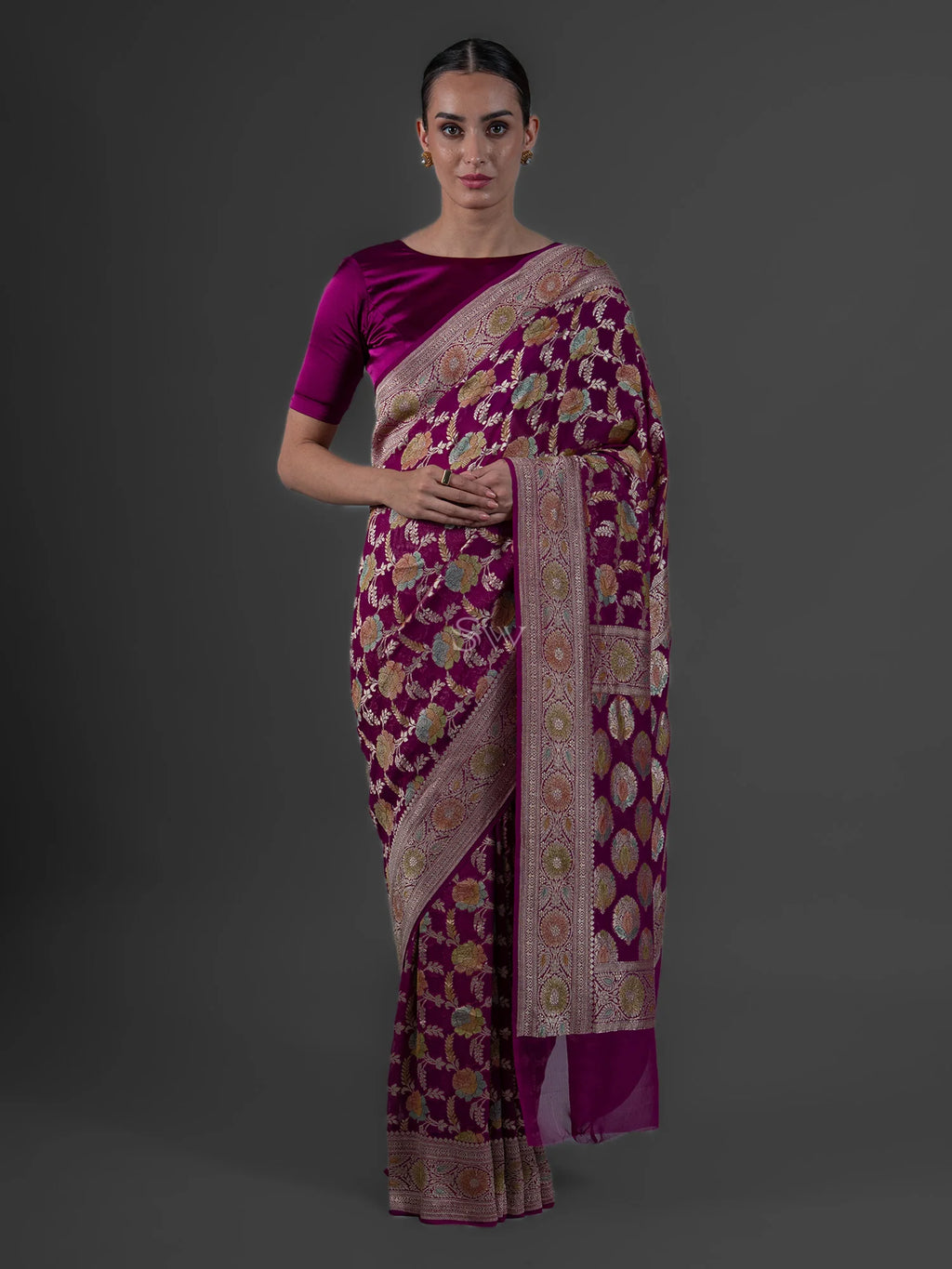 Wine Rangkat Jaal Khaddi Georgette Handloom Banarasi Saree