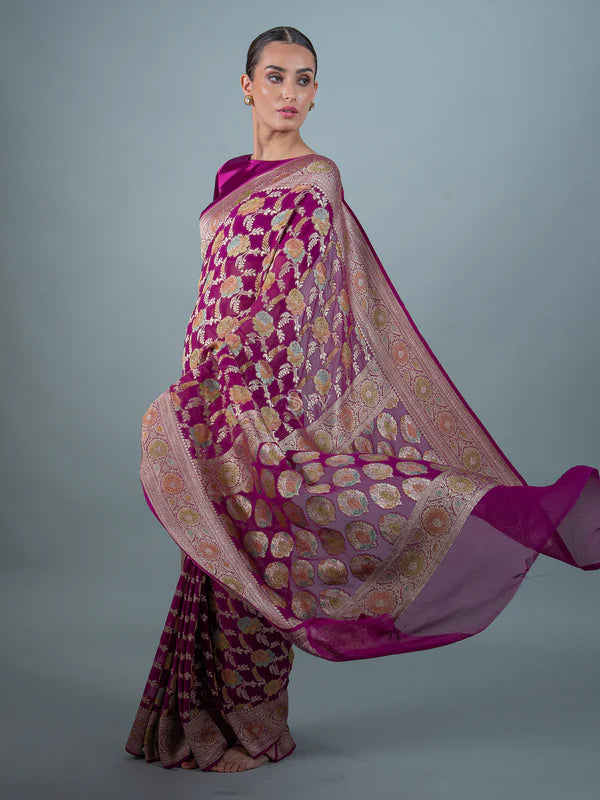 Wine Rangkat Jaal Khaddi Georgette Handloom Banarasi Saree