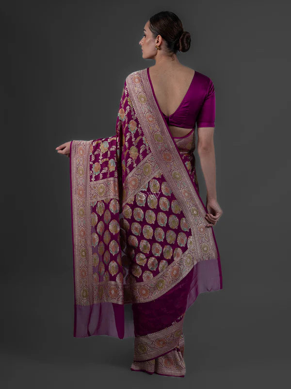 Wine Rangkat Jaal Khaddi Georgette Handloom Banarasi Saree