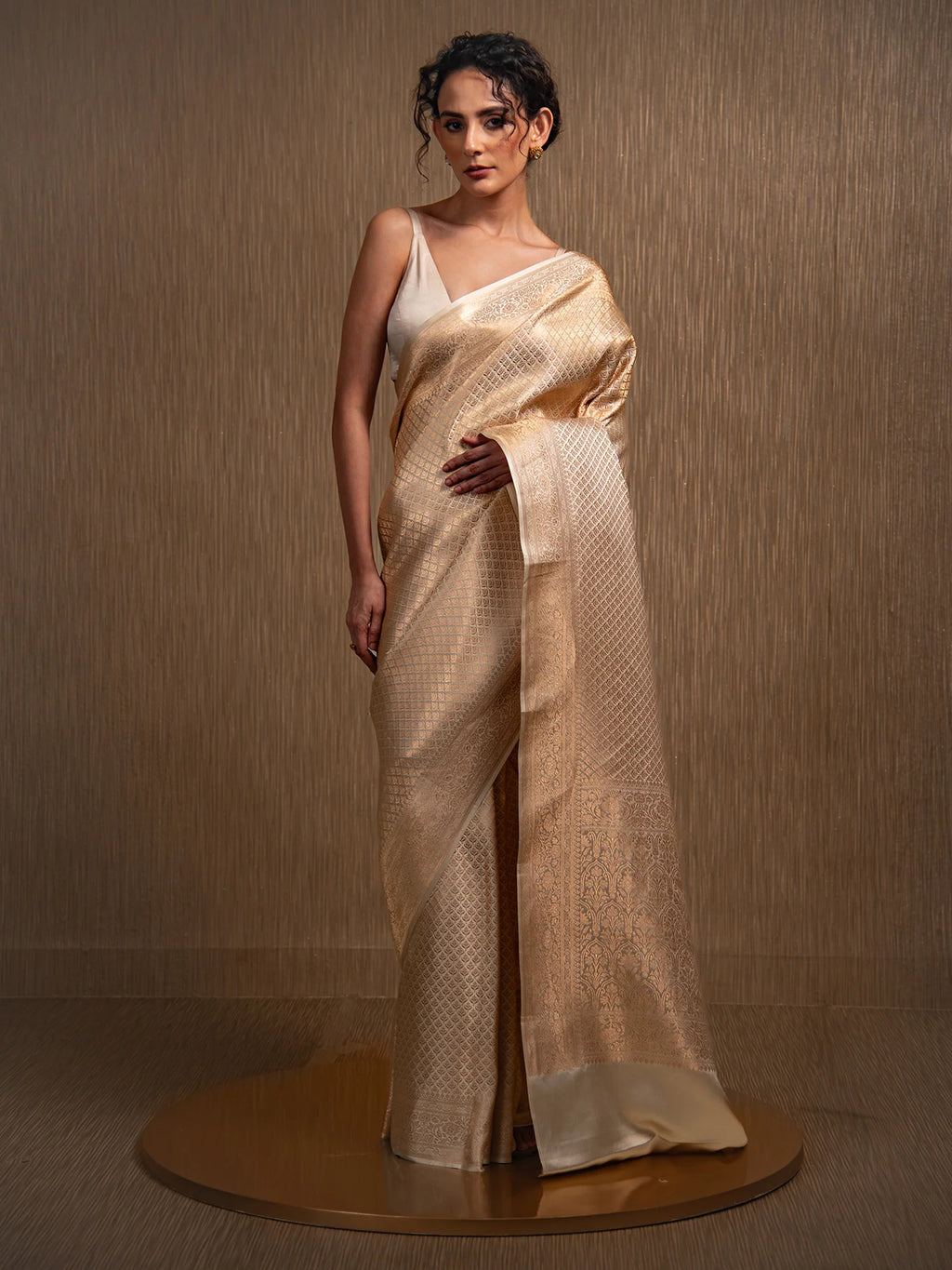 Cream Satin Brocade Handloom Banarasi Saree