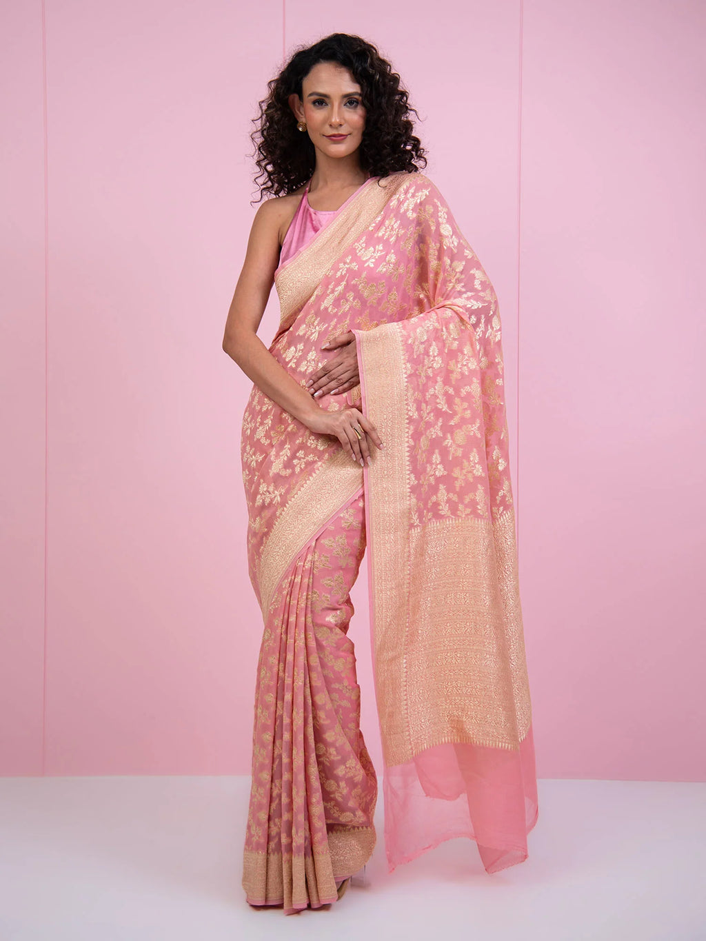 Pastel Pink Jaal Khaddi Georgette Handloom Banarasi Saree