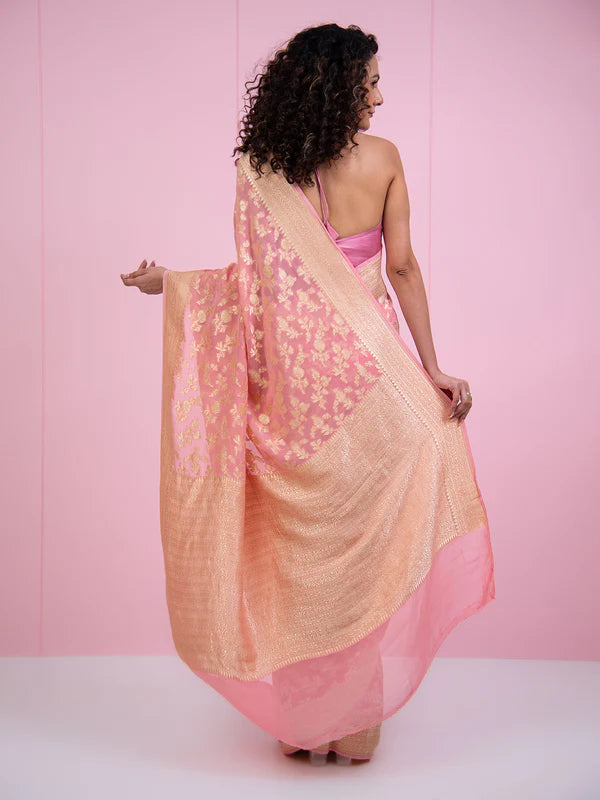 Pastel Pink Jaal Khaddi Georgette Handloom Banarasi Saree