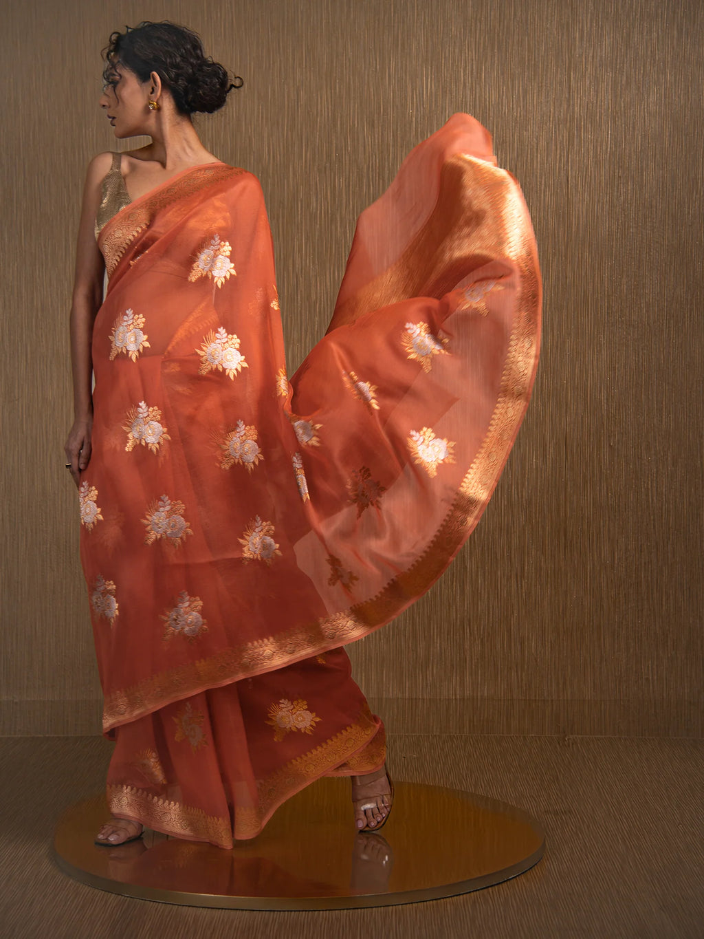 Orange Boota Organza Handloom Banarasi Saree