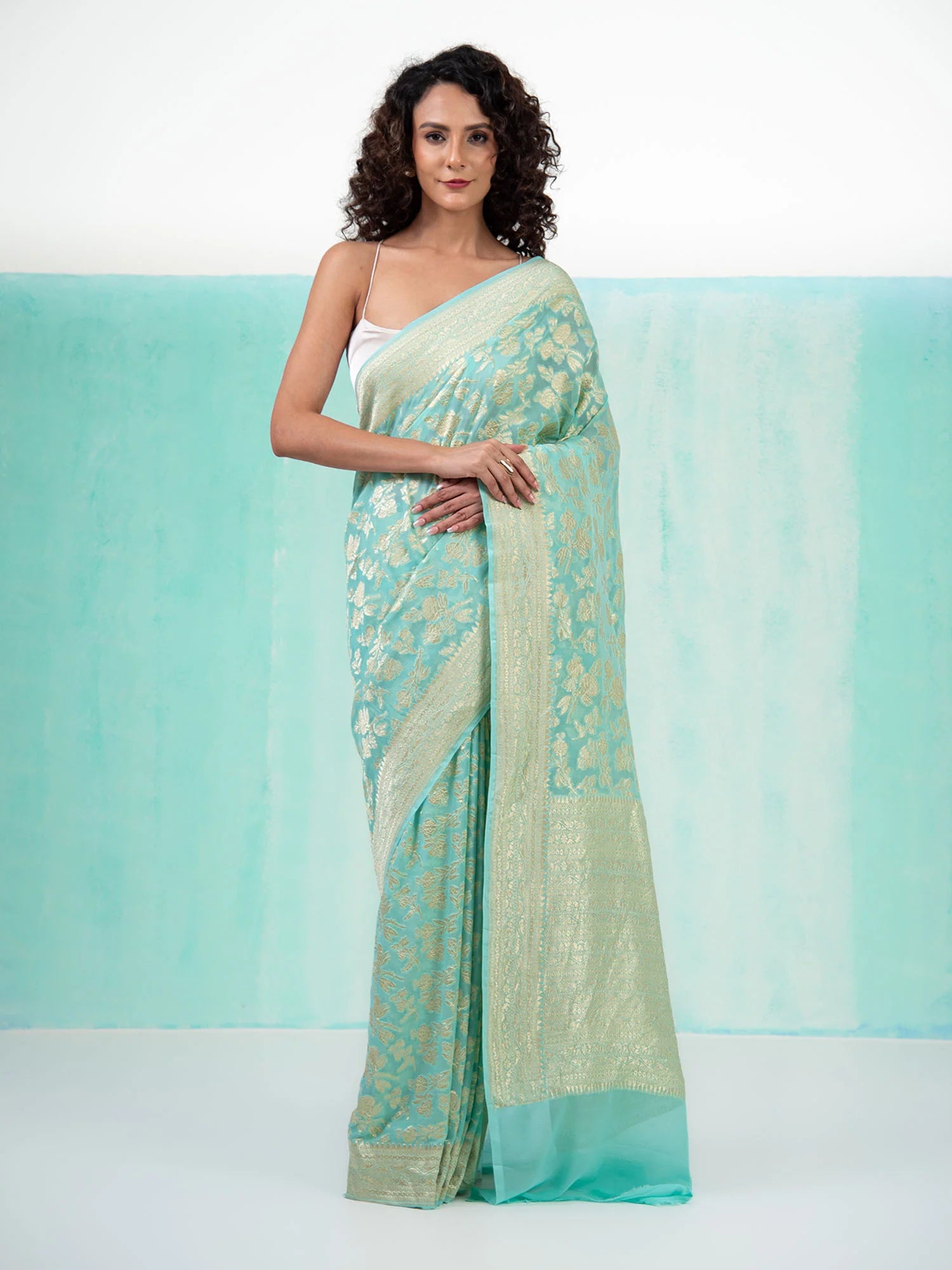 Aqua Blue Jaal Khaddi Georgette Handloom Banarasi Saree