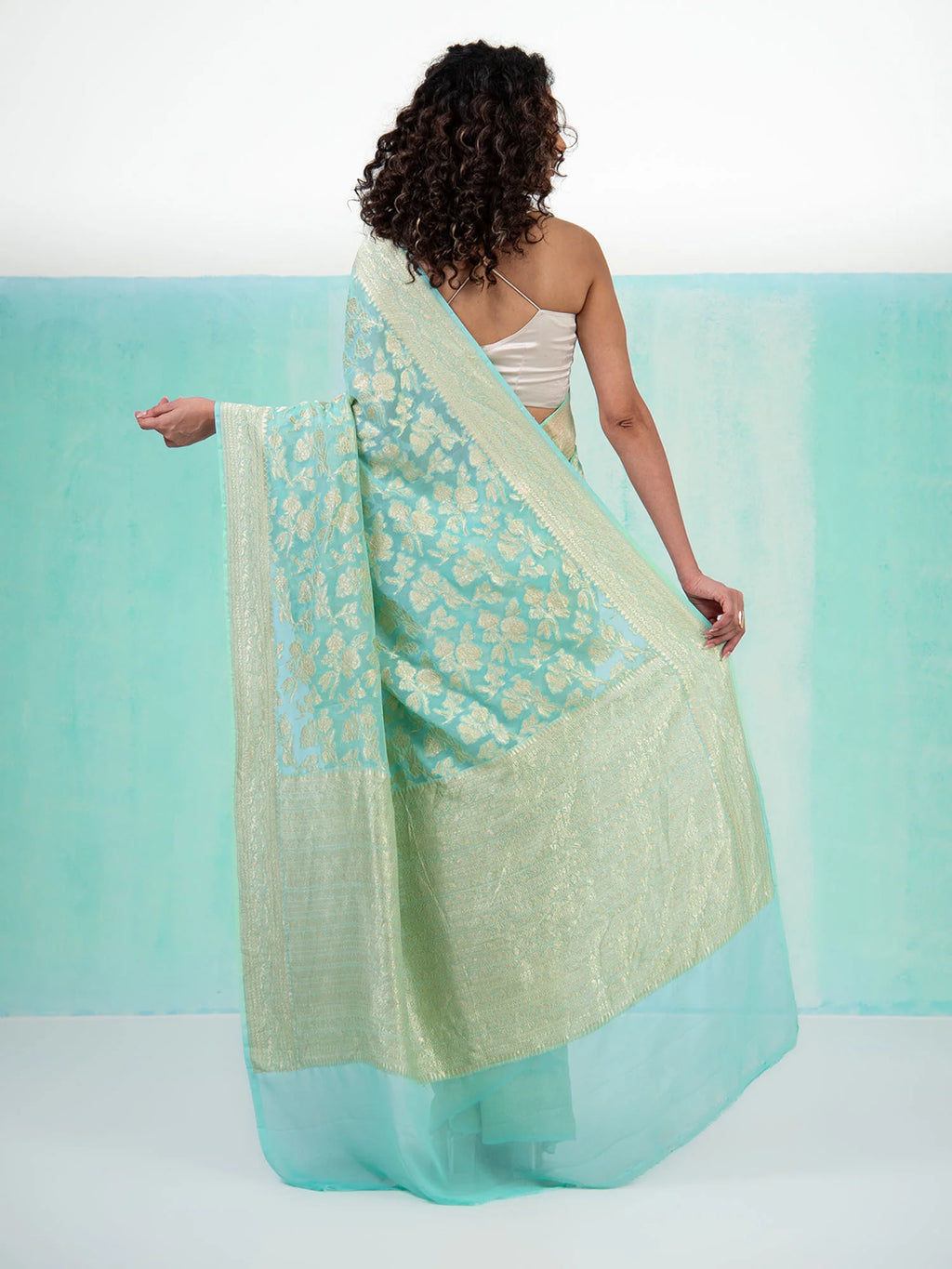 Aqua Blue Jaal Khaddi Georgette Handloom Banarasi Saree