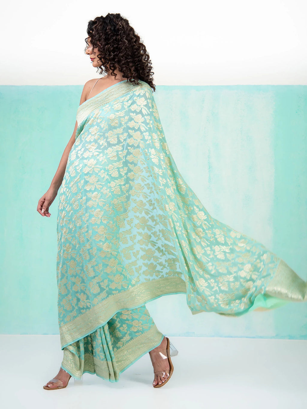 Aqua Blue Jaal Khaddi Georgette Handloom Banarasi Saree