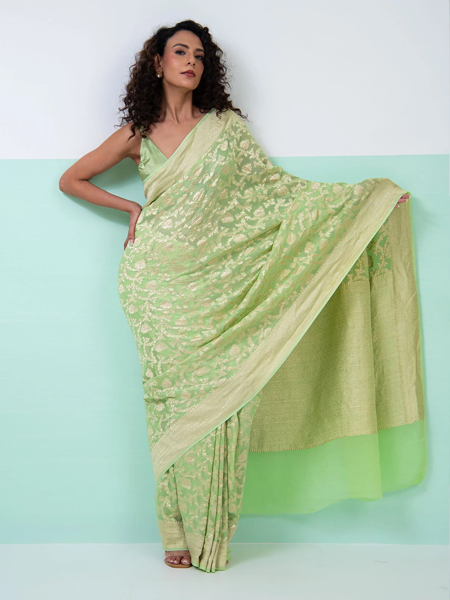 Pista Green Jaal Khaddi Georgette Handloom Banarasi Saree