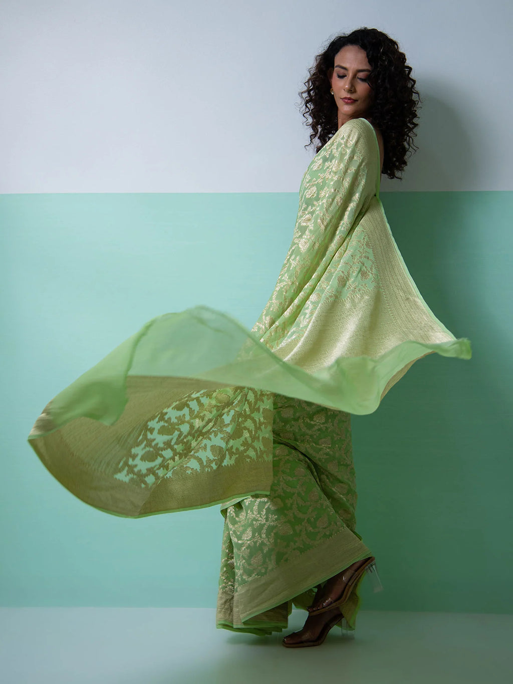 Pista Green Jaal Khaddi Georgette Handloom Banarasi Saree