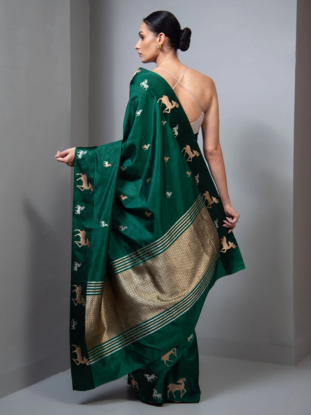 Bottle Green Booti Katan Silk Handloom Banarasi Saree