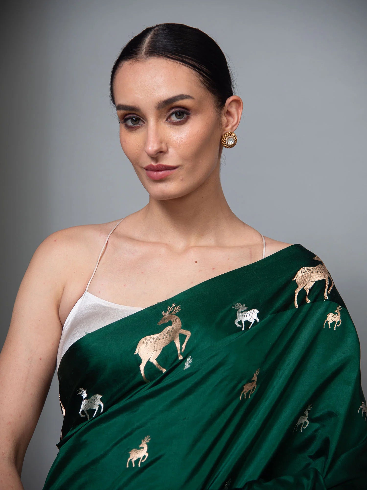 Bottle Green Booti Katan Silk Handloom Banarasi Saree