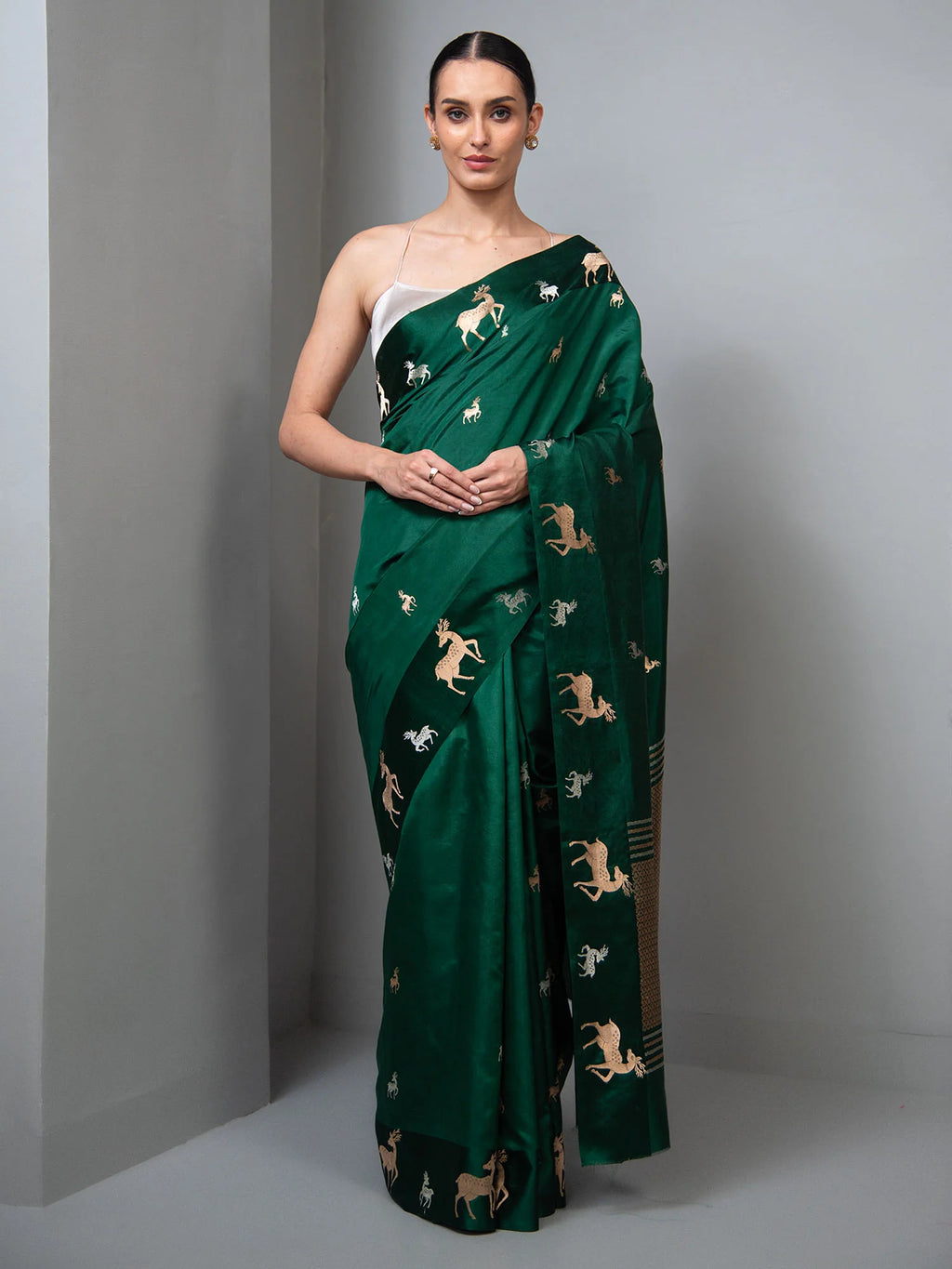 Bottle Green Booti Katan Silk Handloom Banarasi Saree