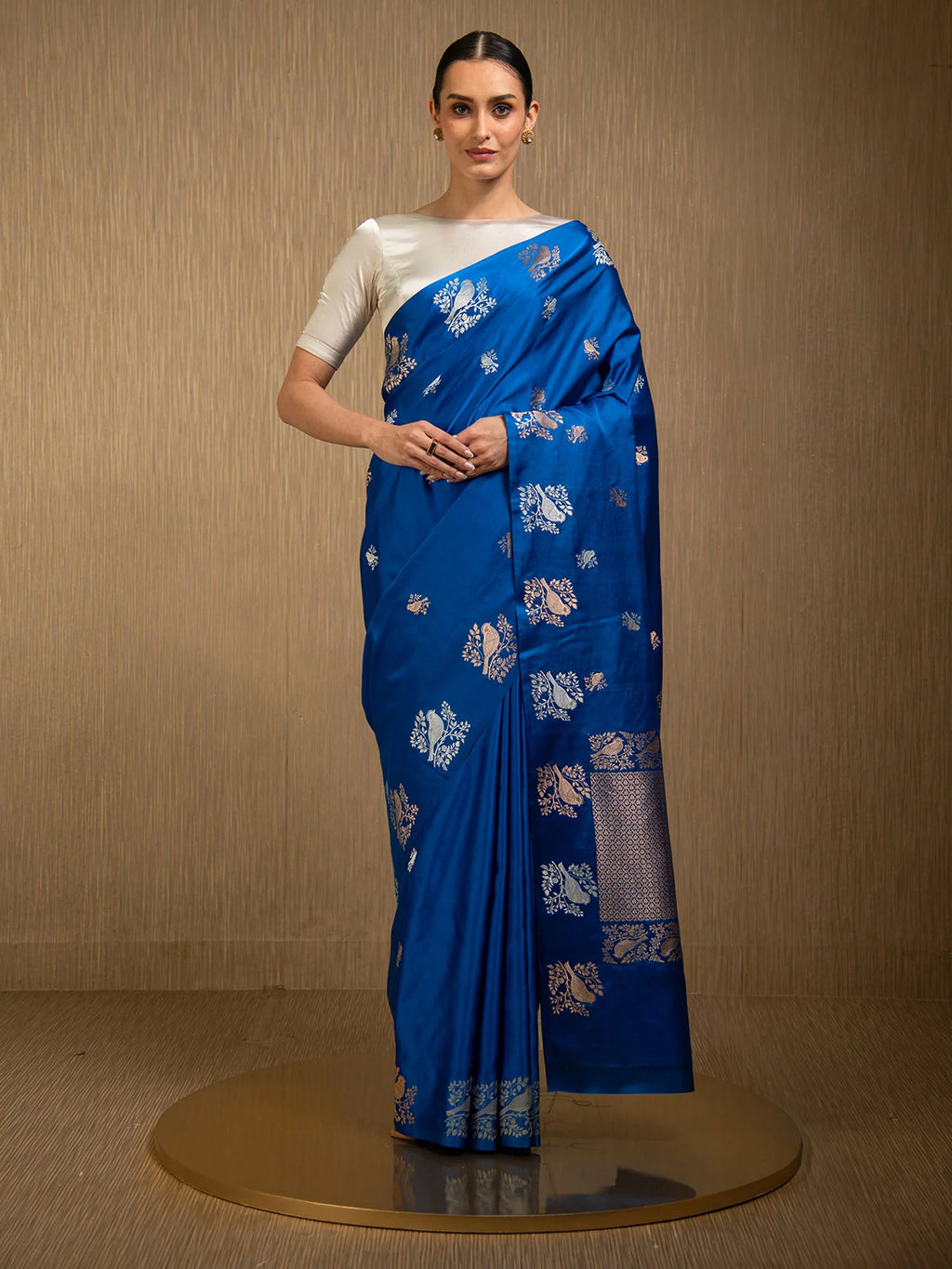 Royal Blue Booti Satin Silk Handloom Banarasi Saree