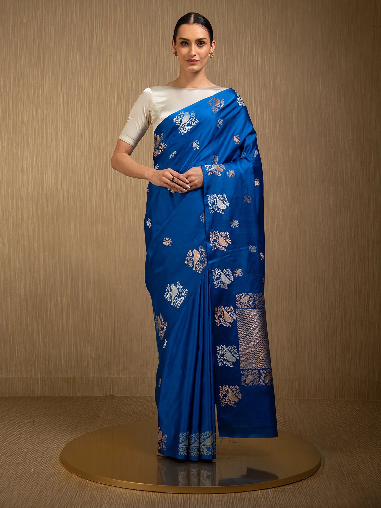Royal Blue Booti Satin Silk Handloom Banarasi Saree