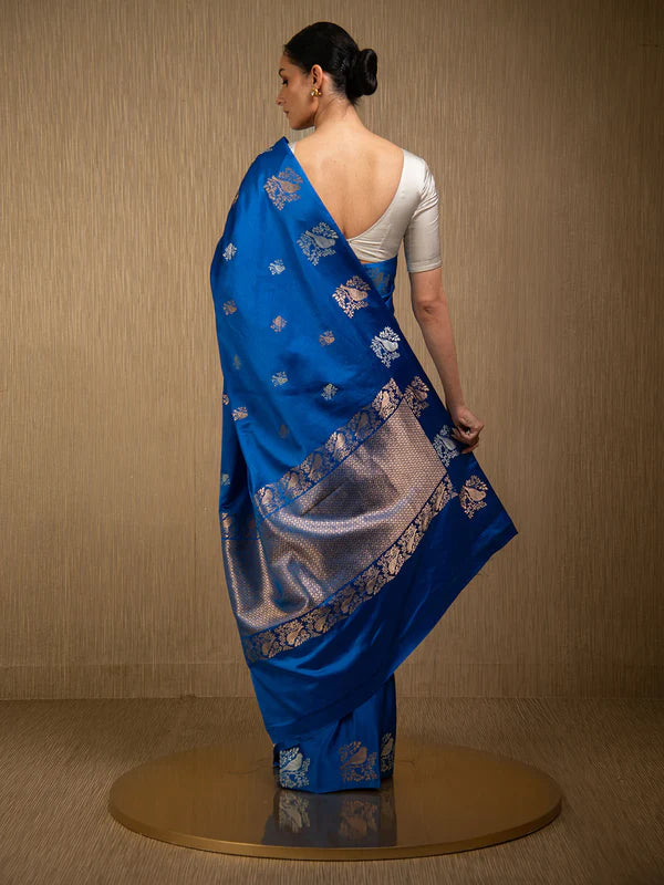 Royal Blue Booti Satin Silk Handloom Banarasi Saree