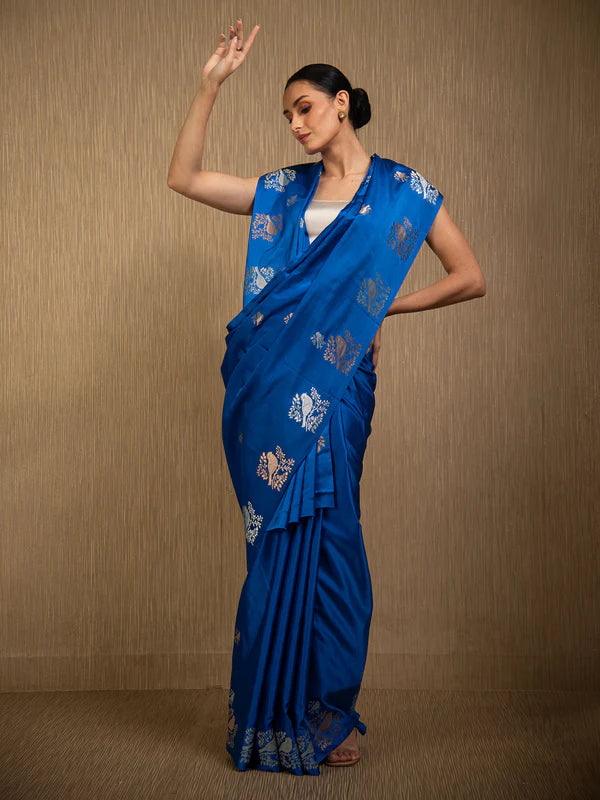 Royal Blue Booti Satin Silk Handloom Banarasi Saree