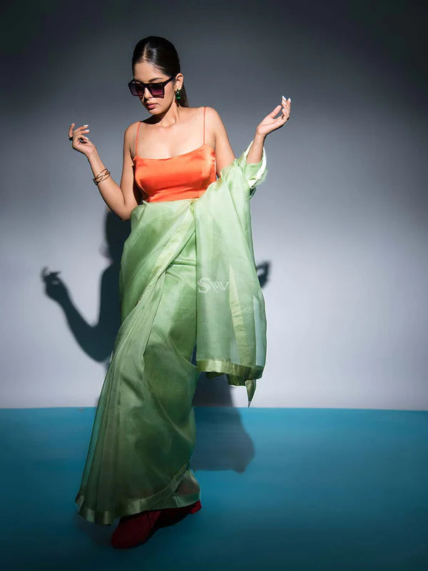 Pista Green Plain Organza Handloom Saree