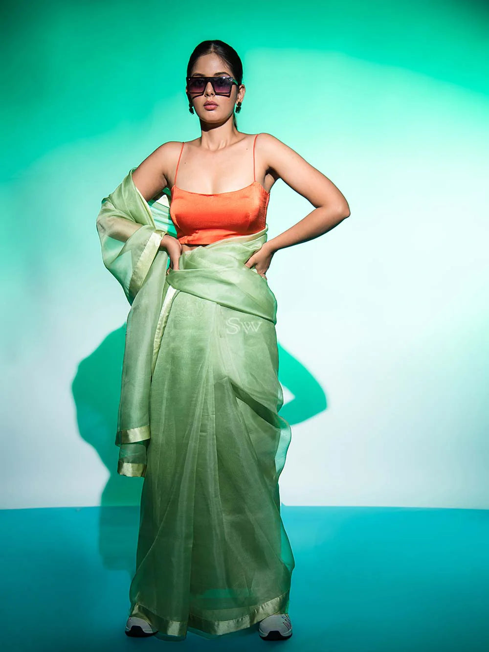 Pista Green Plain Organza Handloom Saree