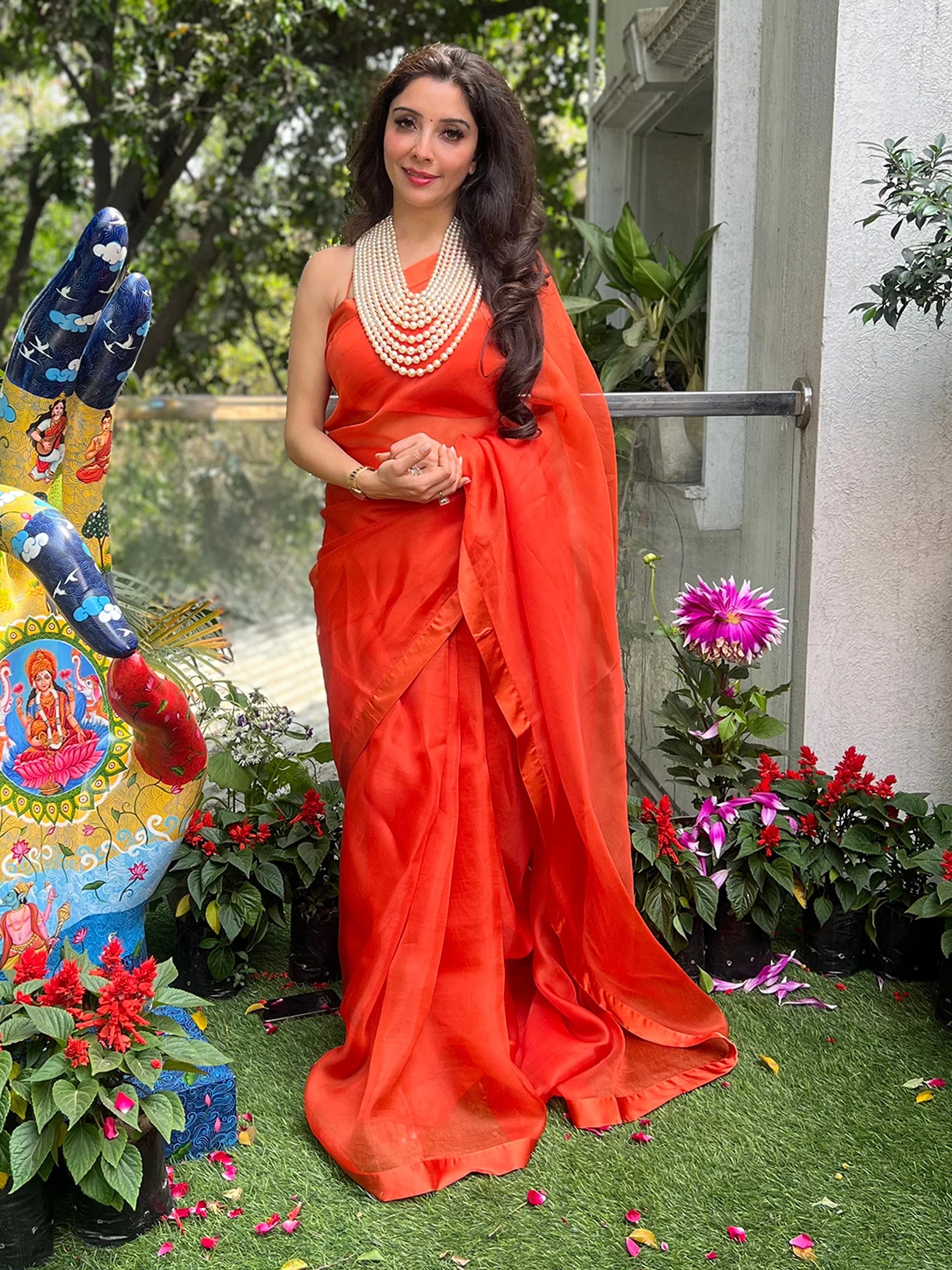 Orange Plain Organza Handloom Saree