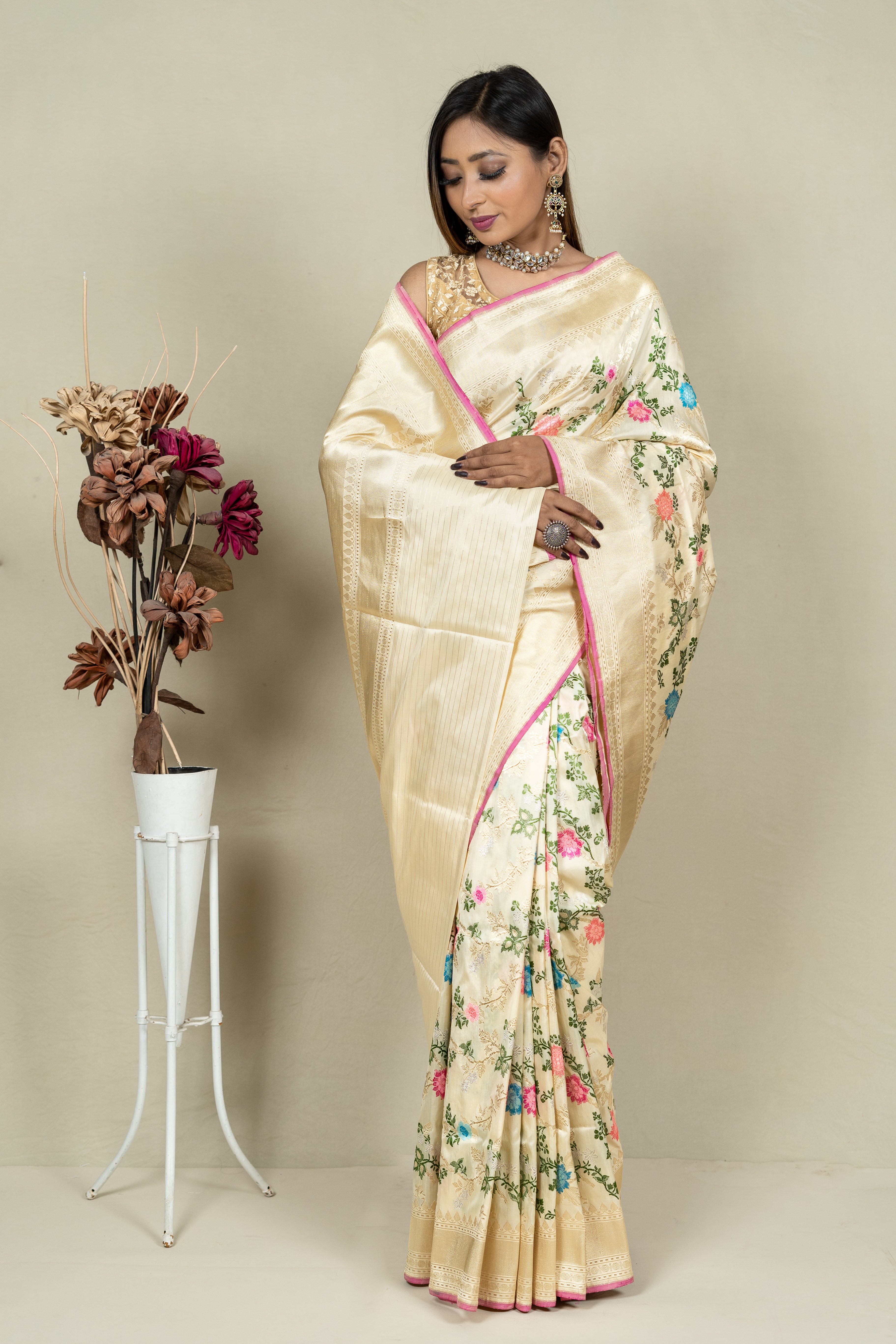 Pure Katan Silk Mina Jangla Brocade Anchal Saree