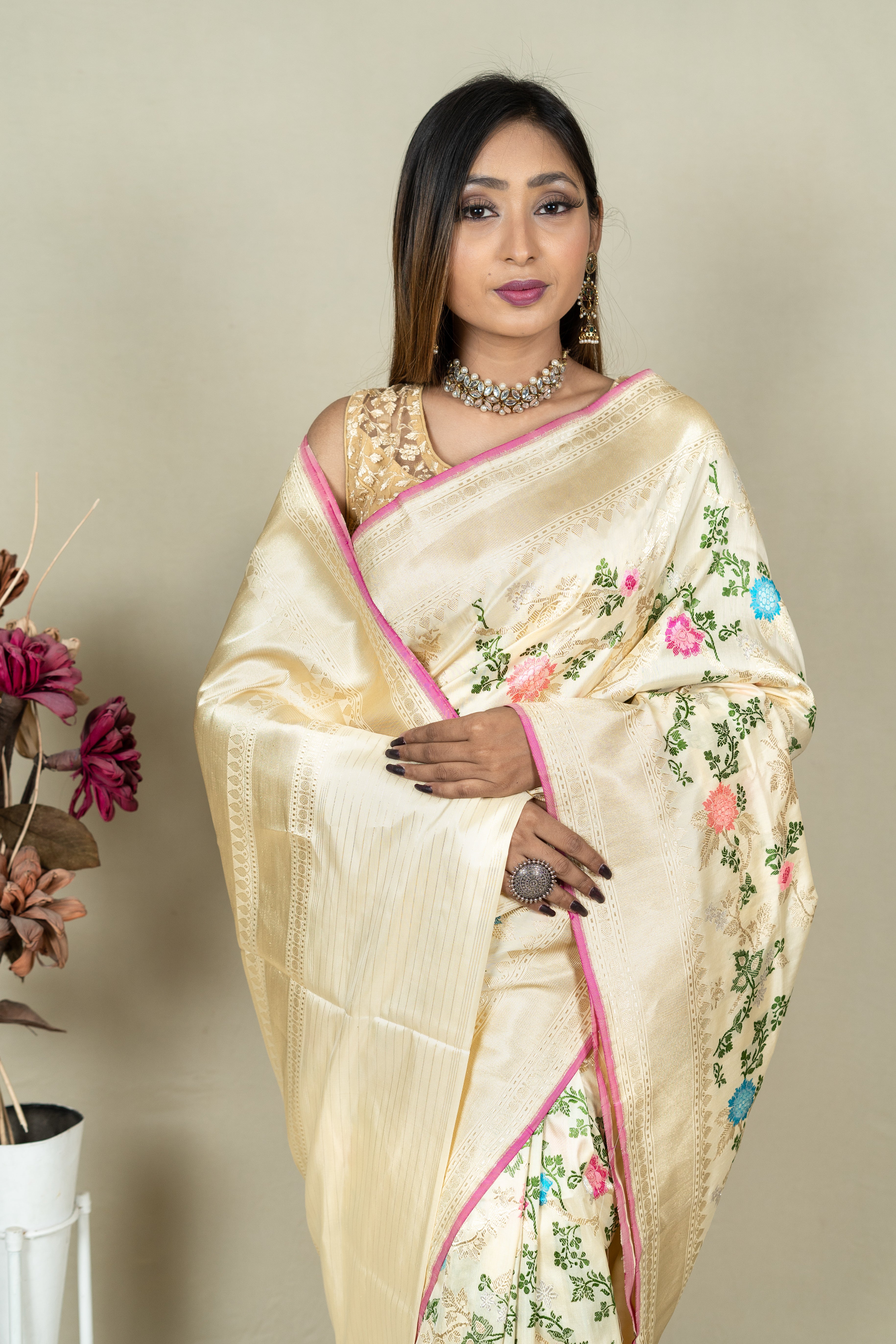 Pure Katan Silk Mina Jangla Brocade Anchal Saree