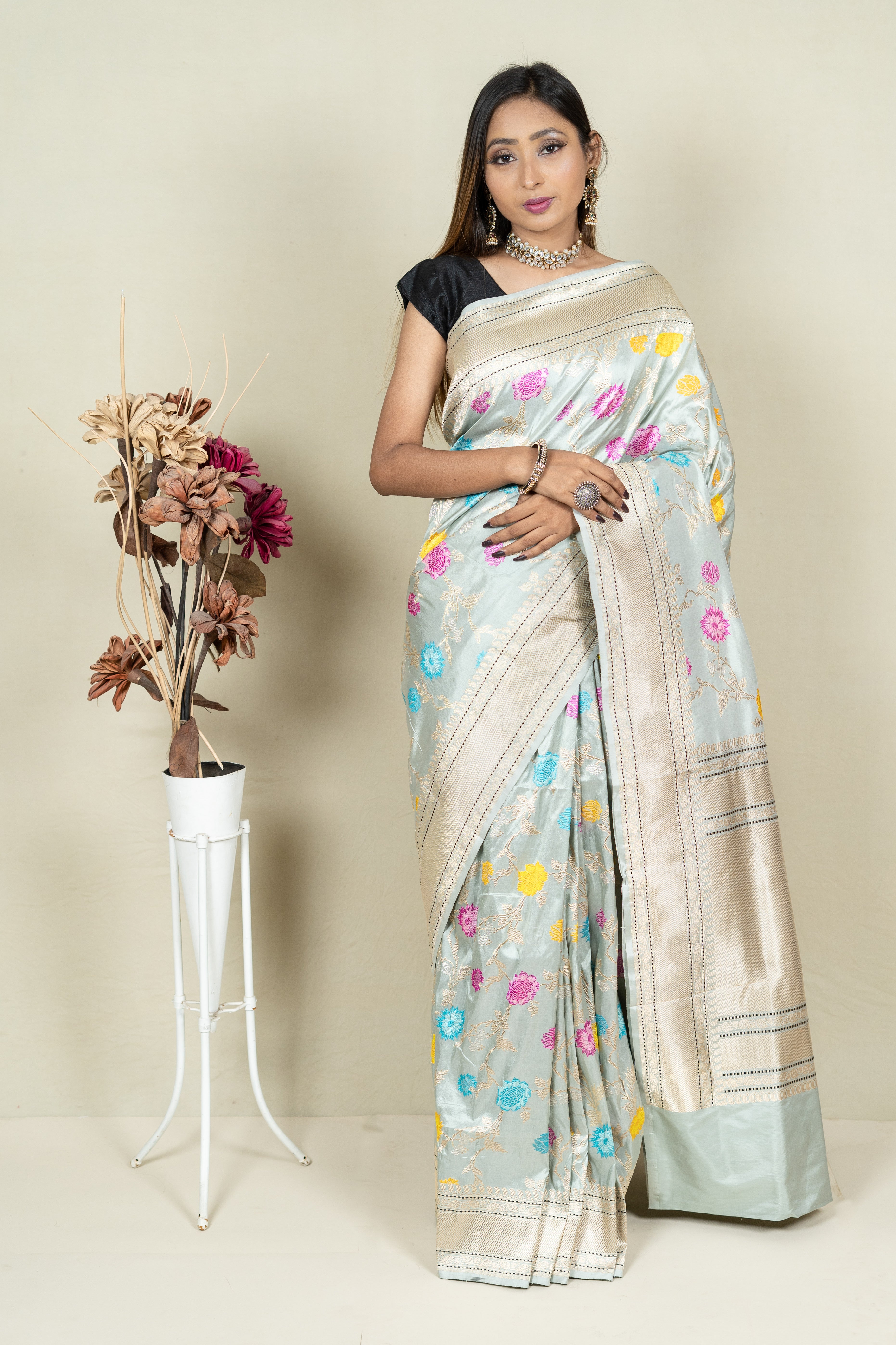 Pure Katan Silk Mina Jangla Brocade Anchal Saree
