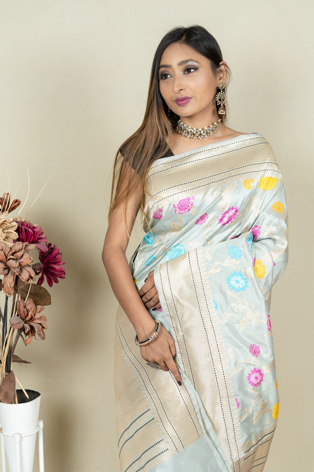 Pure Katan Silk Mina Jangla Brocade Anchal Saree