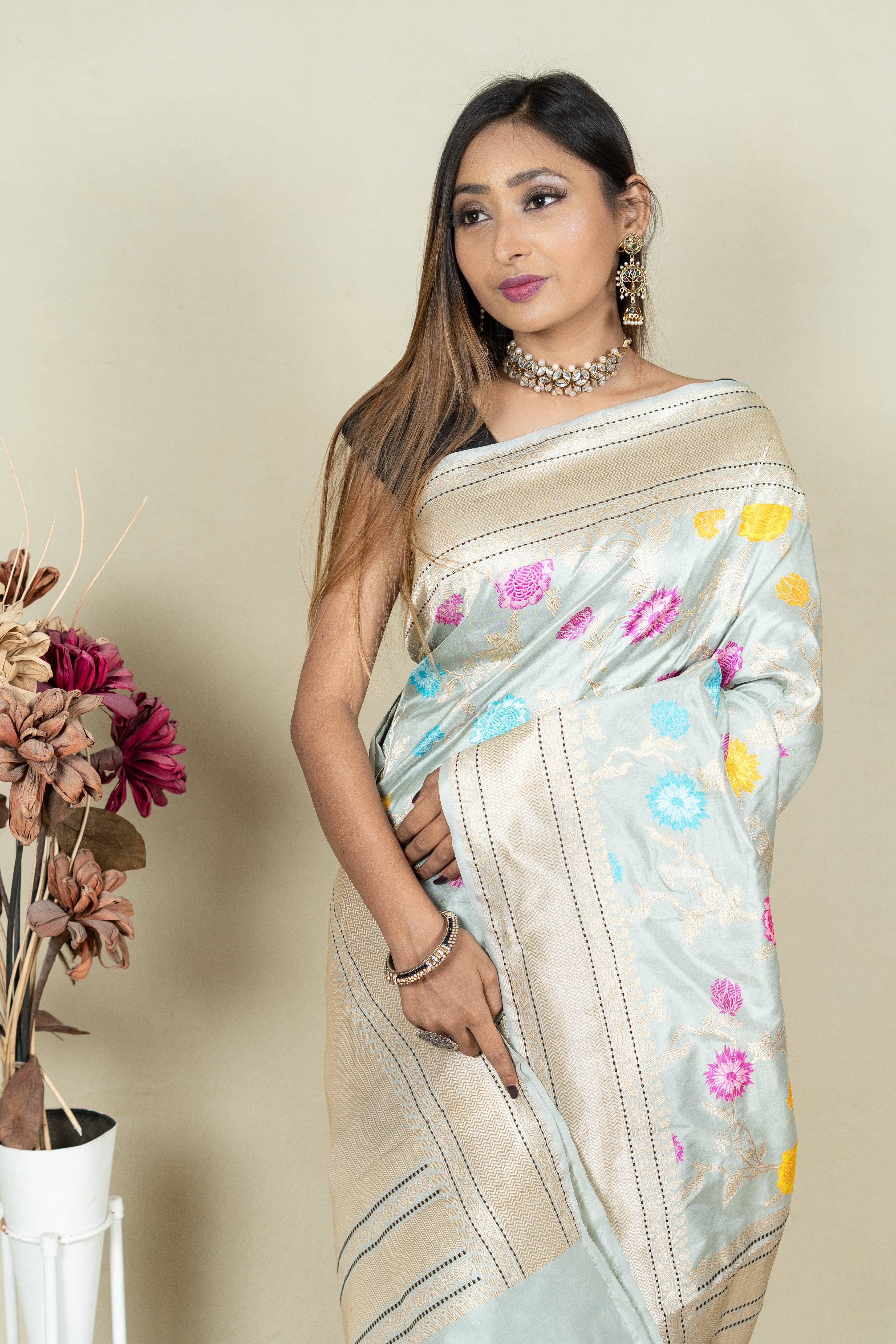 Pure Katan Silk Mina Jangla Brocade Anchal Saree