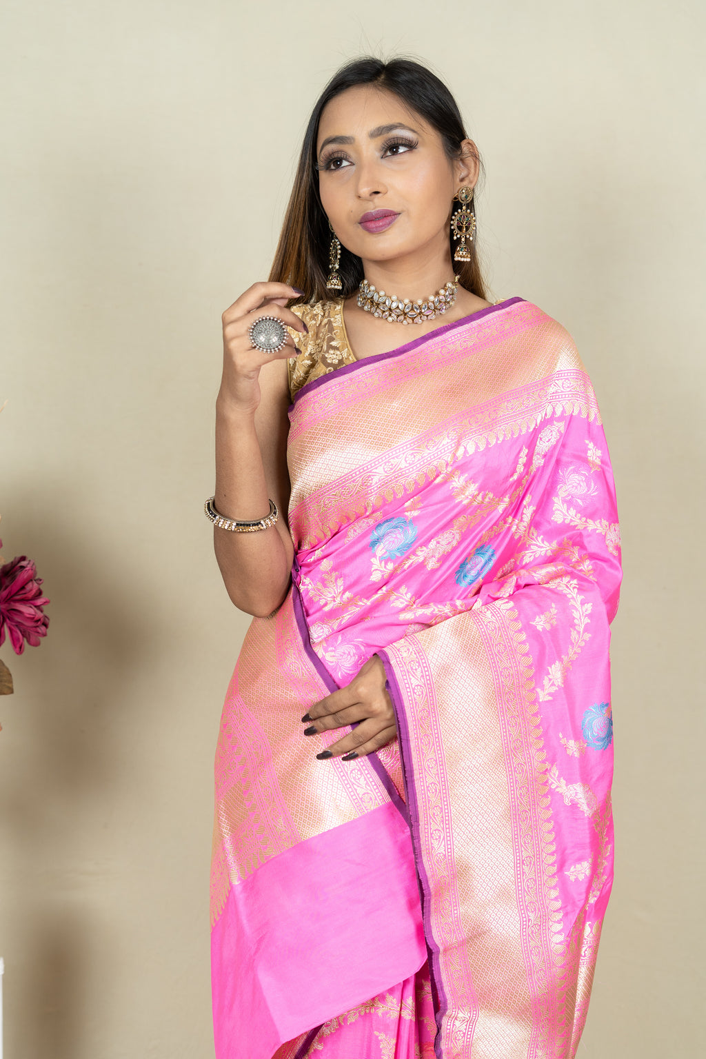 Pure Katan Silk Mina Jangla Brocade Anchal Saree